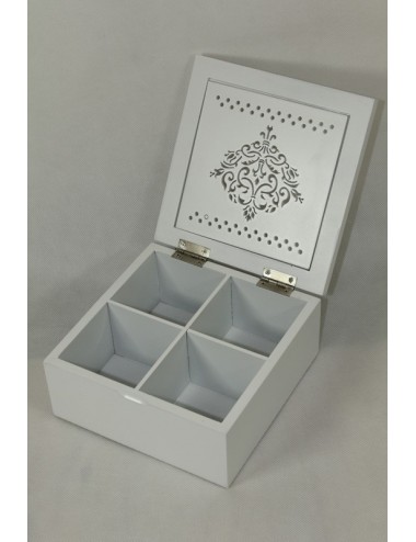 Biała szkatułka skrzynka pojemnik na herbatę HERBACIARKA ażurowy wzór 18 cm