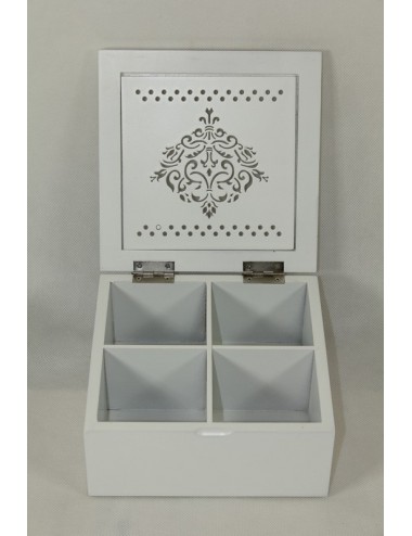Biała szkatułka skrzynka pojemnik na herbatę HERBACIARKA ażurowy wzór 18 cm