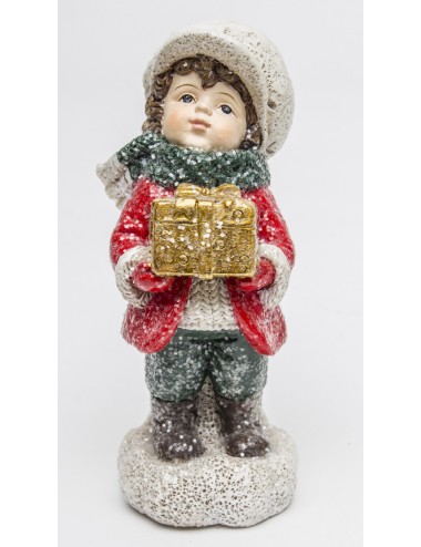Figurka zimowa świąteczna CHŁOPIEC i PREZENT z brokatem 9,5x4,5 cm