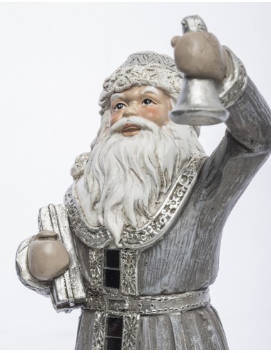 Figurka świąteczna SREBRNY ŚWIĘTY MIKOŁAJ z dzwonkiem i prezentem