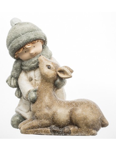 Figurka świąteczna zimowa CHŁOPIEC i SARNA jeleń 33x26 cm