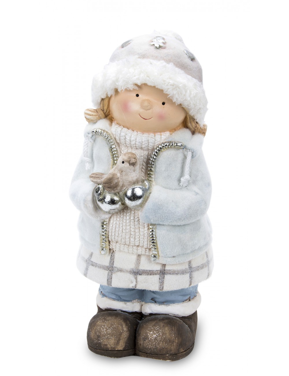 Figurka zimowa świąteczna dziecko DZIEWCZYNKA i PTASZEK 46 cm