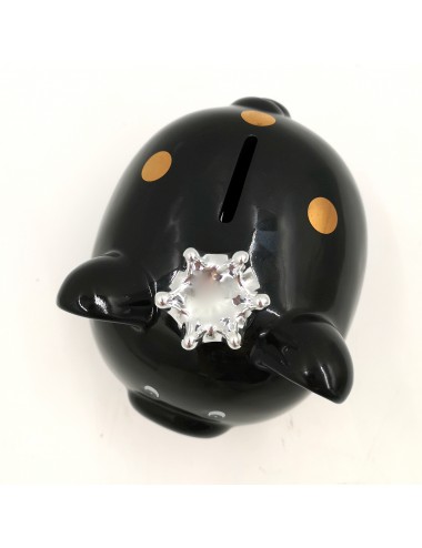 Mała ŚWINKA w koronie skarbonka czarna w złote kropki 13x13,5 cm