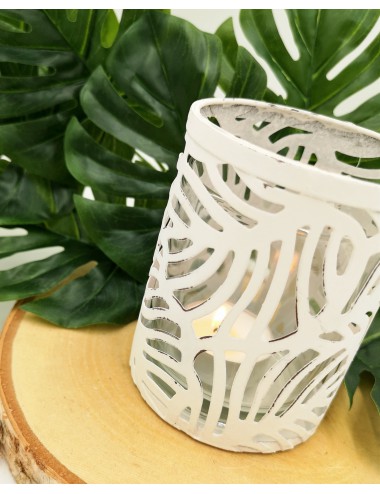 Biały świecznik metalowy szklany liście MONSTERA 9,5x8,5 cm