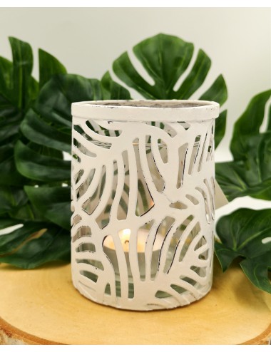 Biały świecznik metalowy szklany liście MONSTERA 9,5x8,5 cm