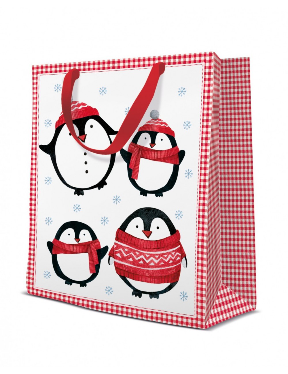 Świąteczna torebka na prezent LITTLE PENGUINS pingwinki kratka vichy 25x20 cm