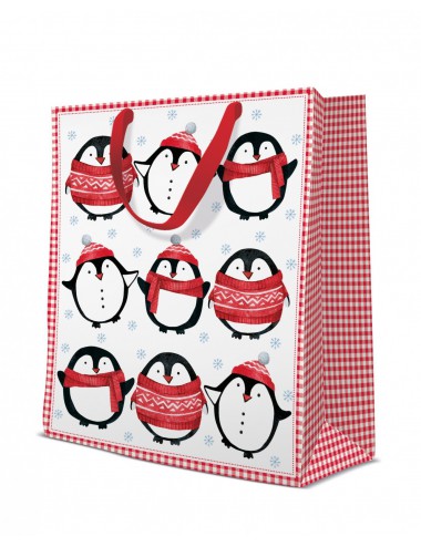 Świąteczna torba na prezent LITTLE PENGUINS pingwinki kratka vichy 33,5x26,5 cm