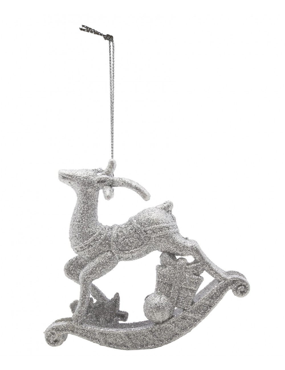 Zawieszka choinkowa srebrny RENIFER z brokatem 11 cm