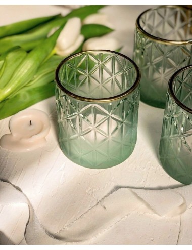Szklany świecznik tealight zielony z geometrycznym wzorem 8x7 cm