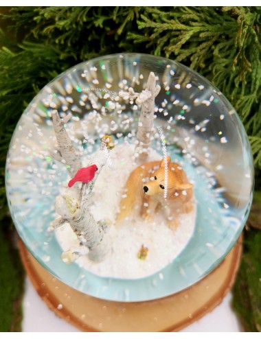 Szklana kula śnieżna na pniu LISEK brzoza kardynał szkarłatny 13x9 cm