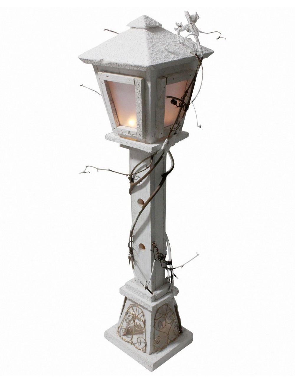 Biały drewniany lampion lampa LED zimowy świąteczny 60x13 cm