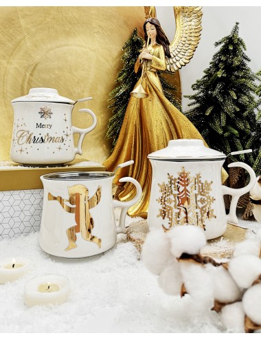 Świąteczny kubek z zaparzaczem i pokrywką złoty napis MERRY CHRISTMAS 350 ml