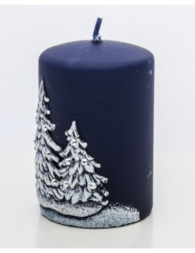 Granatowa świeca dekoracyjna ZIMOWE DRZEWA choinki 11x7,5 cm