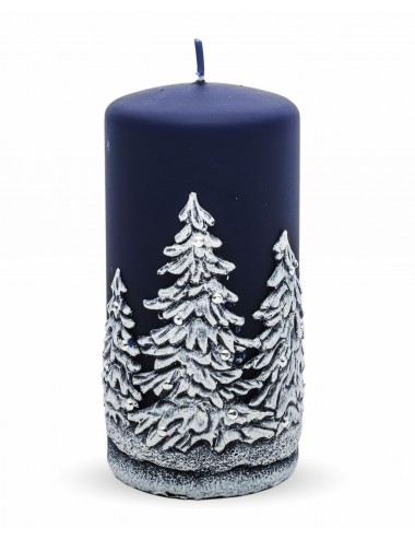 Granatowa średnia świeca świąteczna ZIMOWE DRZEWA choinki 15x7,5 cm