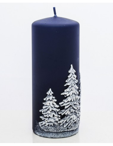 Granatowa duża świeca świąteczna ZIMOWE DRZEWA choinki 18x7,5 cm