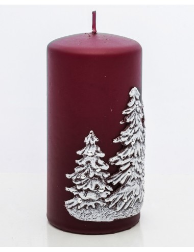 Bordowa średnia świeca świąteczna ZIMOWE DRZEWA choinki 15x7,5 cm