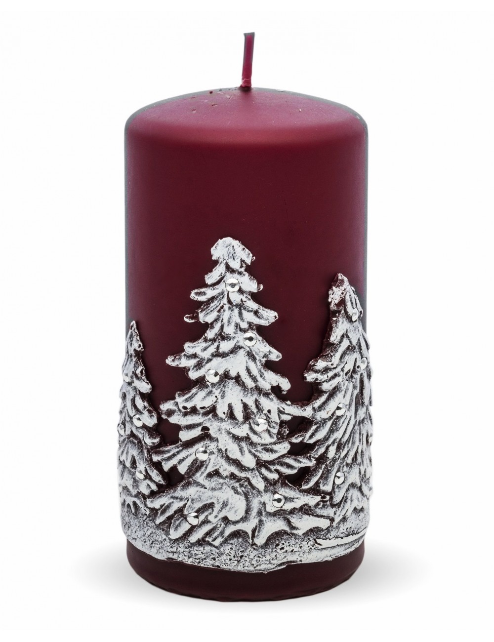 Bordowa średnia świeca świąteczna ZIMOWE DRZEWA choinki 15x7,5 cm
