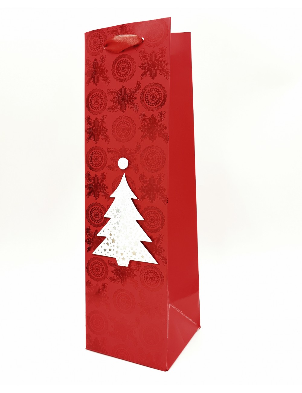 Świąteczna czerwona torba prezentowa na wino butelkę CHOINKA 36x10,5 cm