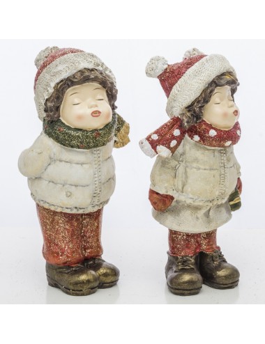 Figurka zimowa z brokatem dziecko CHŁOPIEC DZIEWCZYNKA dający buziaka 20 cm