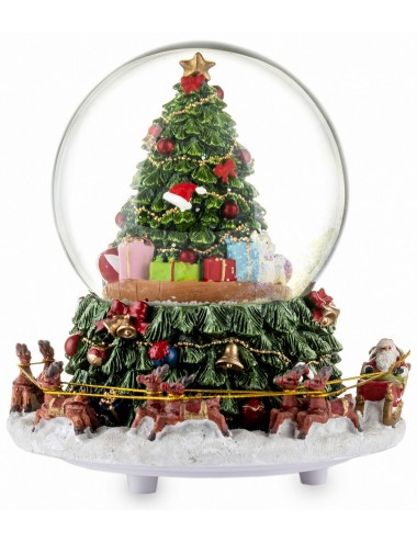 Szklana kula z pozytywką sanie Świętego Mikołaja, CHOINKA i prezenty 18x15,5 cm