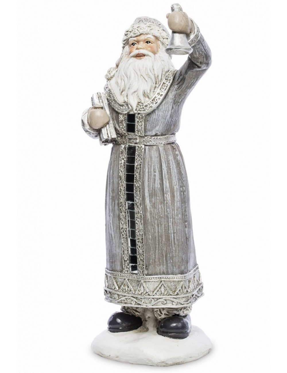 Figurka świąteczna SREBRNY ŚWIĘTY MIKOŁAJ z dzwonkiem i prezentem