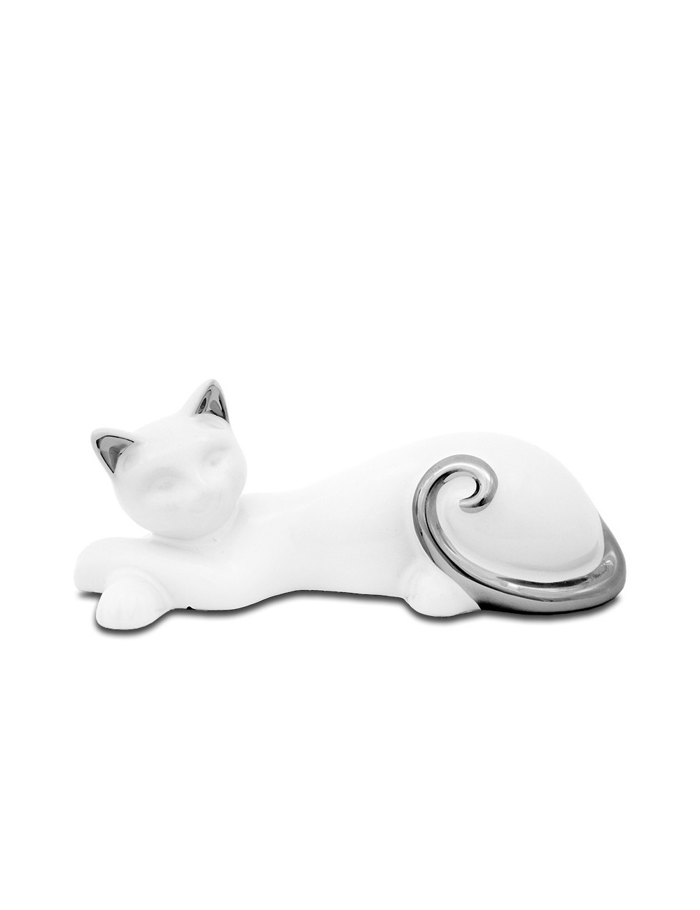 Figurka ceramiczna leżacy KOT biały srebrny 6,5x16x6 cm