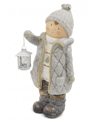 Figurka zimowa dziecko w czapce CHŁOPIEC z lampionem t-light 54 cm