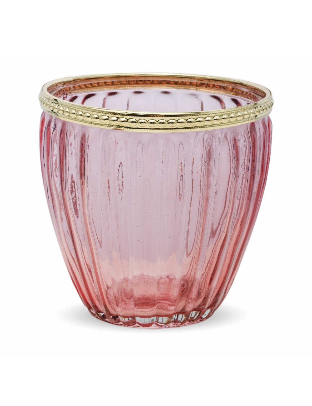 Świecznik szklany różowy ze złotą krawędzią 10x10,5 cm